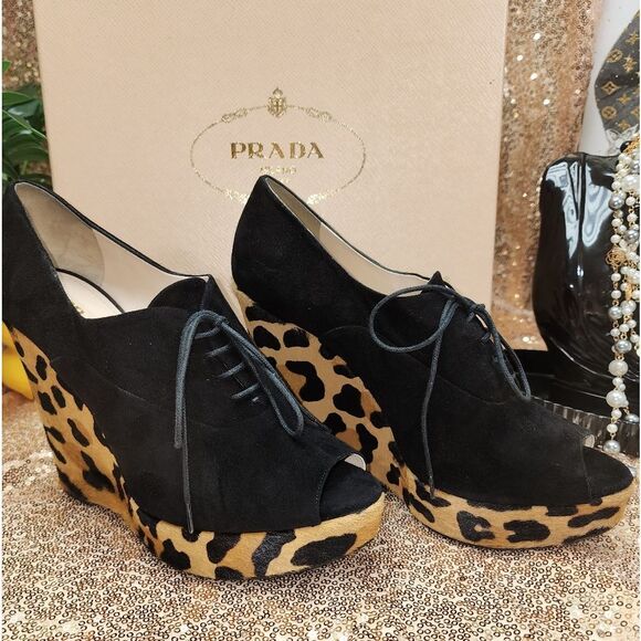Prada Leopard Peep Toe Wedge Heel Authentic NIB - Picture 12 of 16